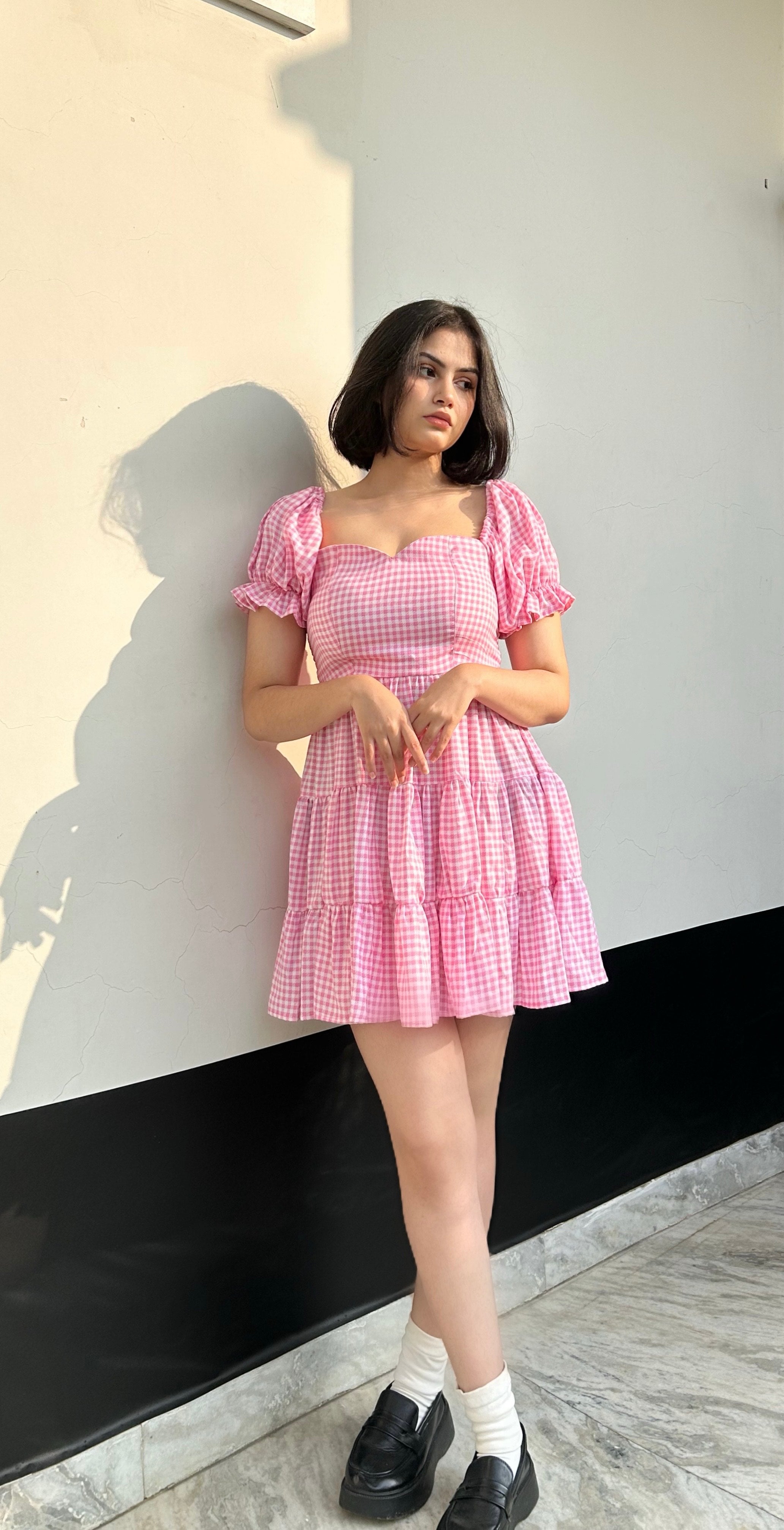 COASTAL CHIC Pink Checkered Dress with sleeves