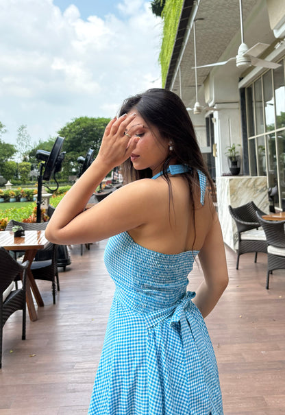 Blue halter neck gingham dress