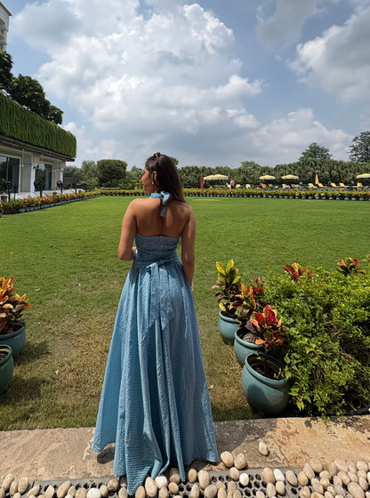 Blue halter neck gingham dress