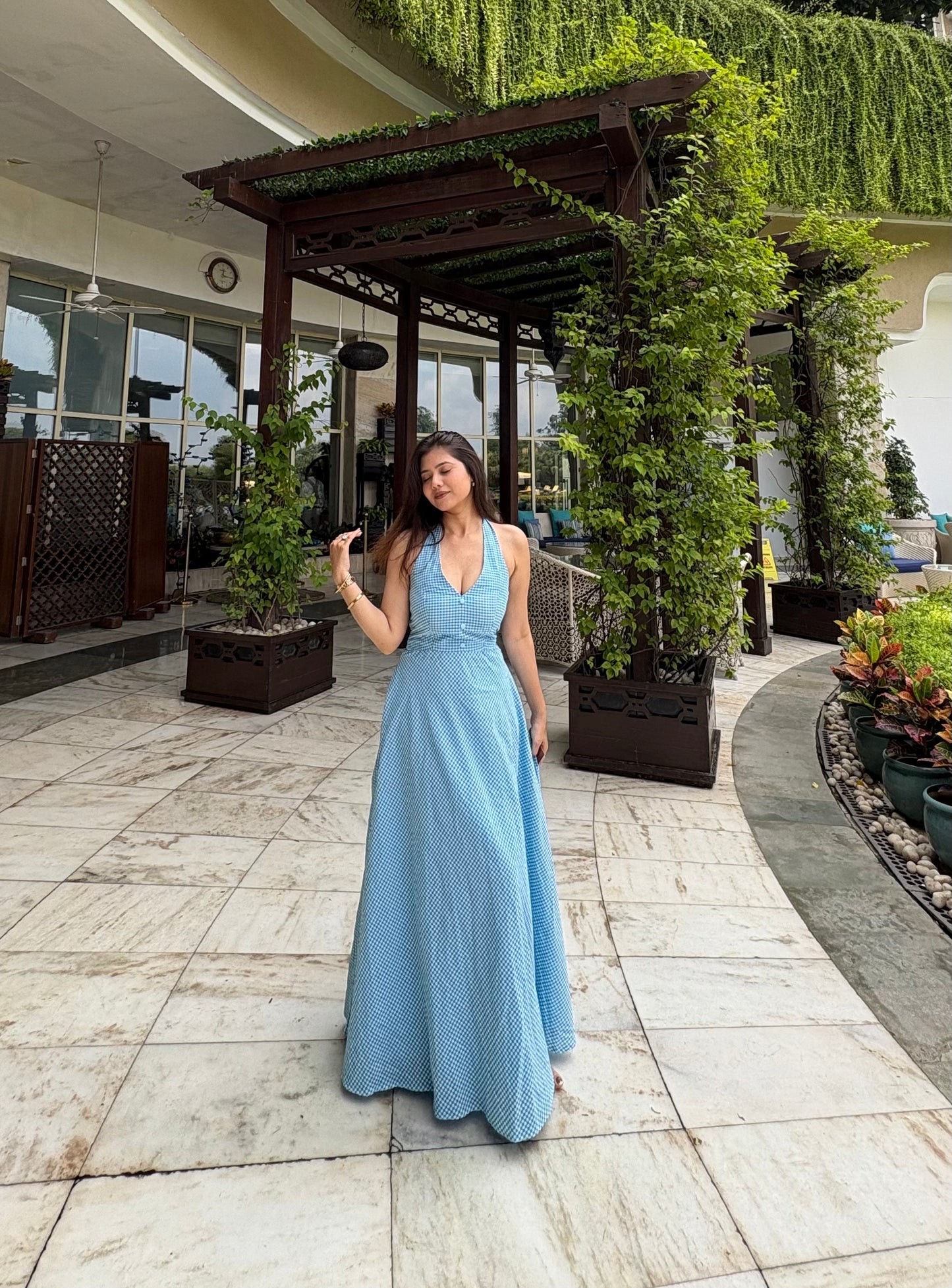 Blue halter neck gingham dress