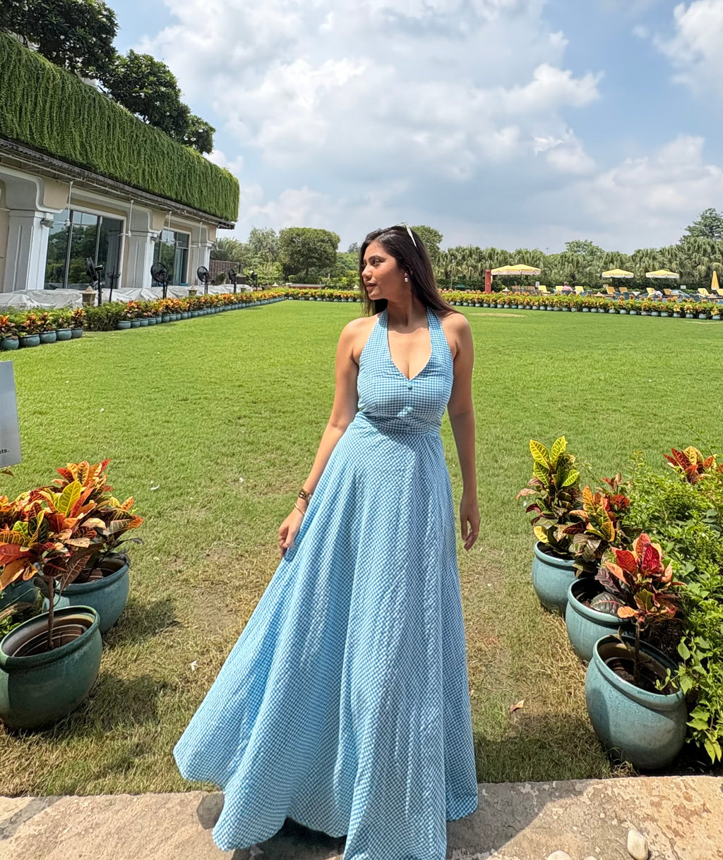 Blue halter neck gingham dress