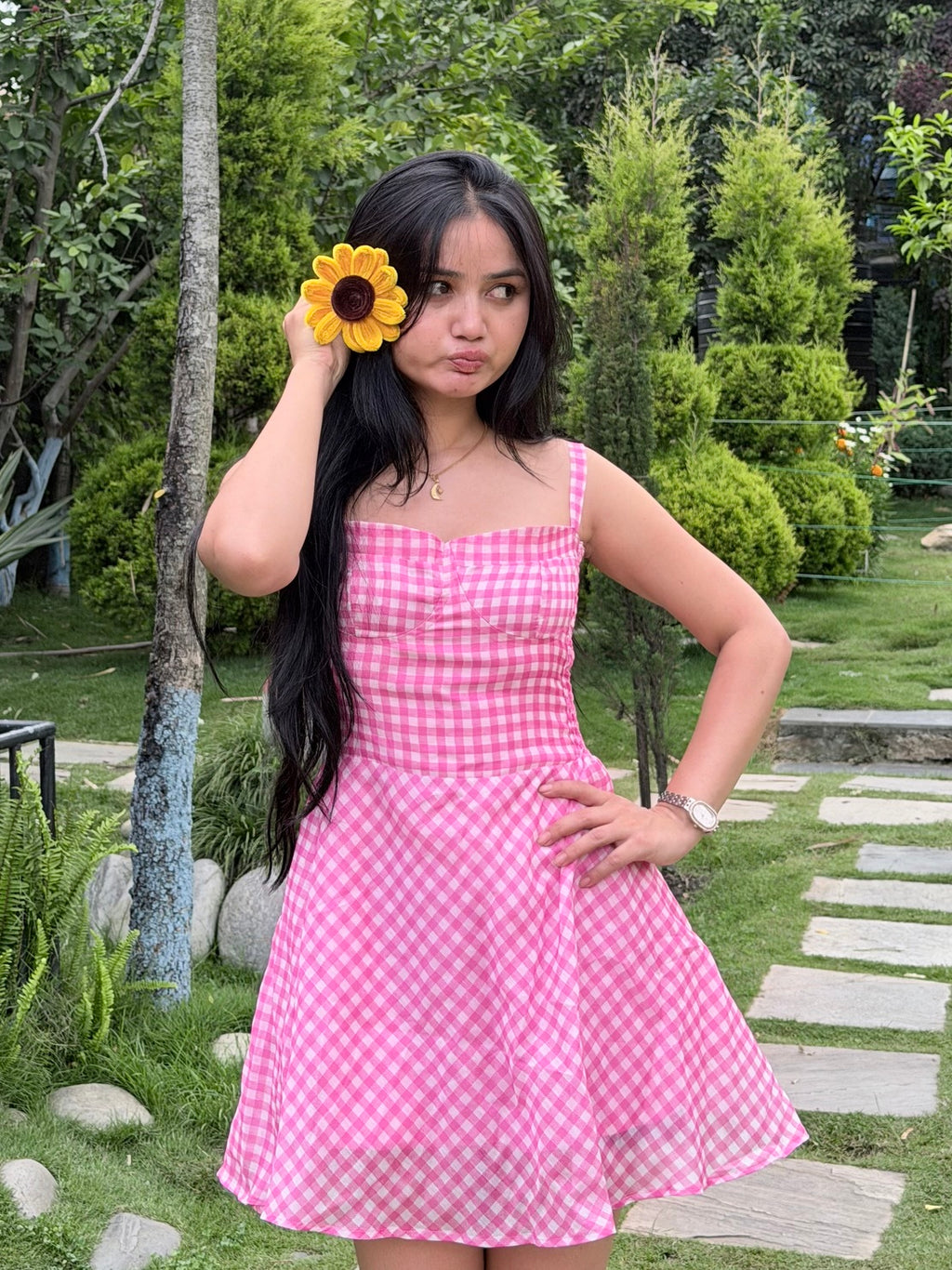 ROSY CHECK MINI DRESS