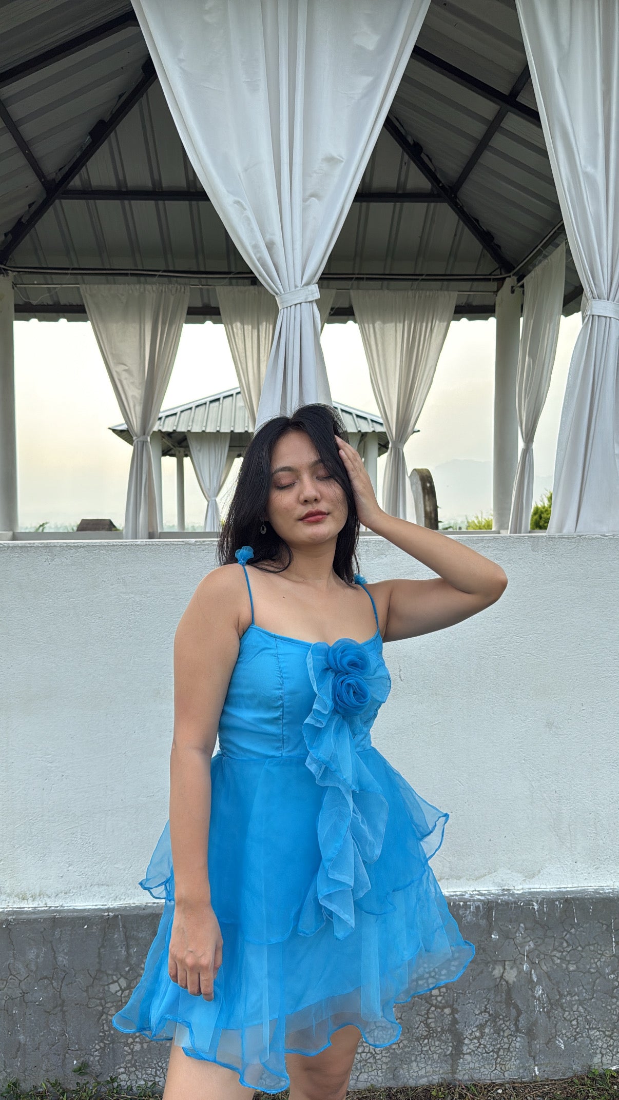 BLUE ROSY RUFFLES DRESS