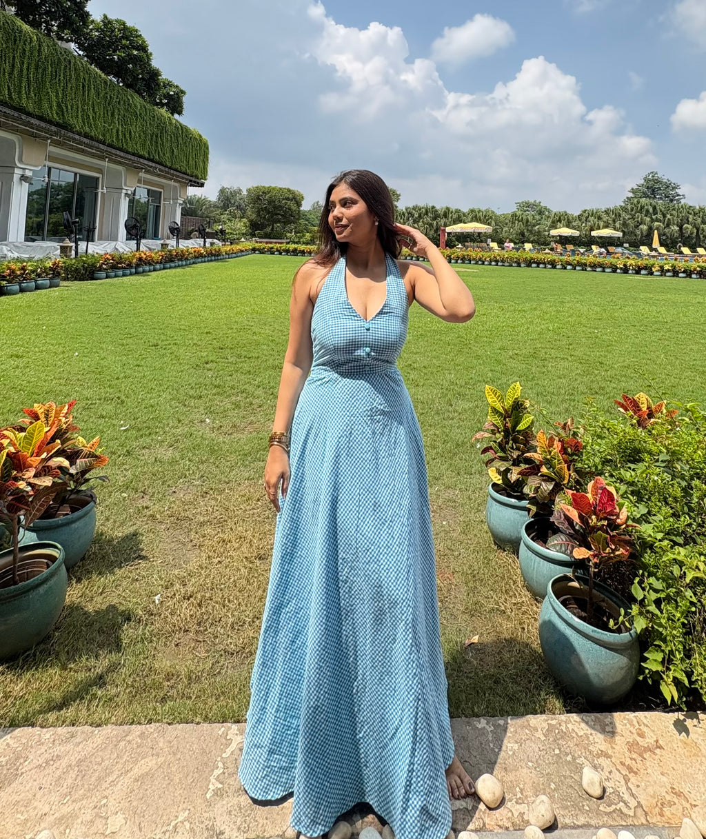 Blue halter neck gingham dress