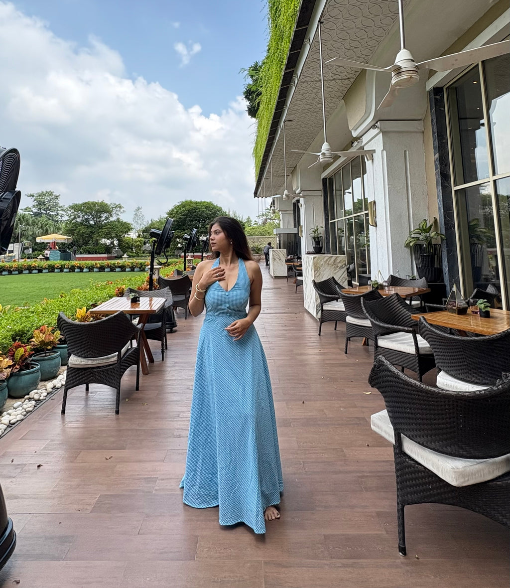 Blue halter neck gingham dress