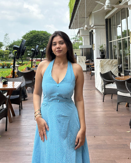 Blue halter neck gingham dress