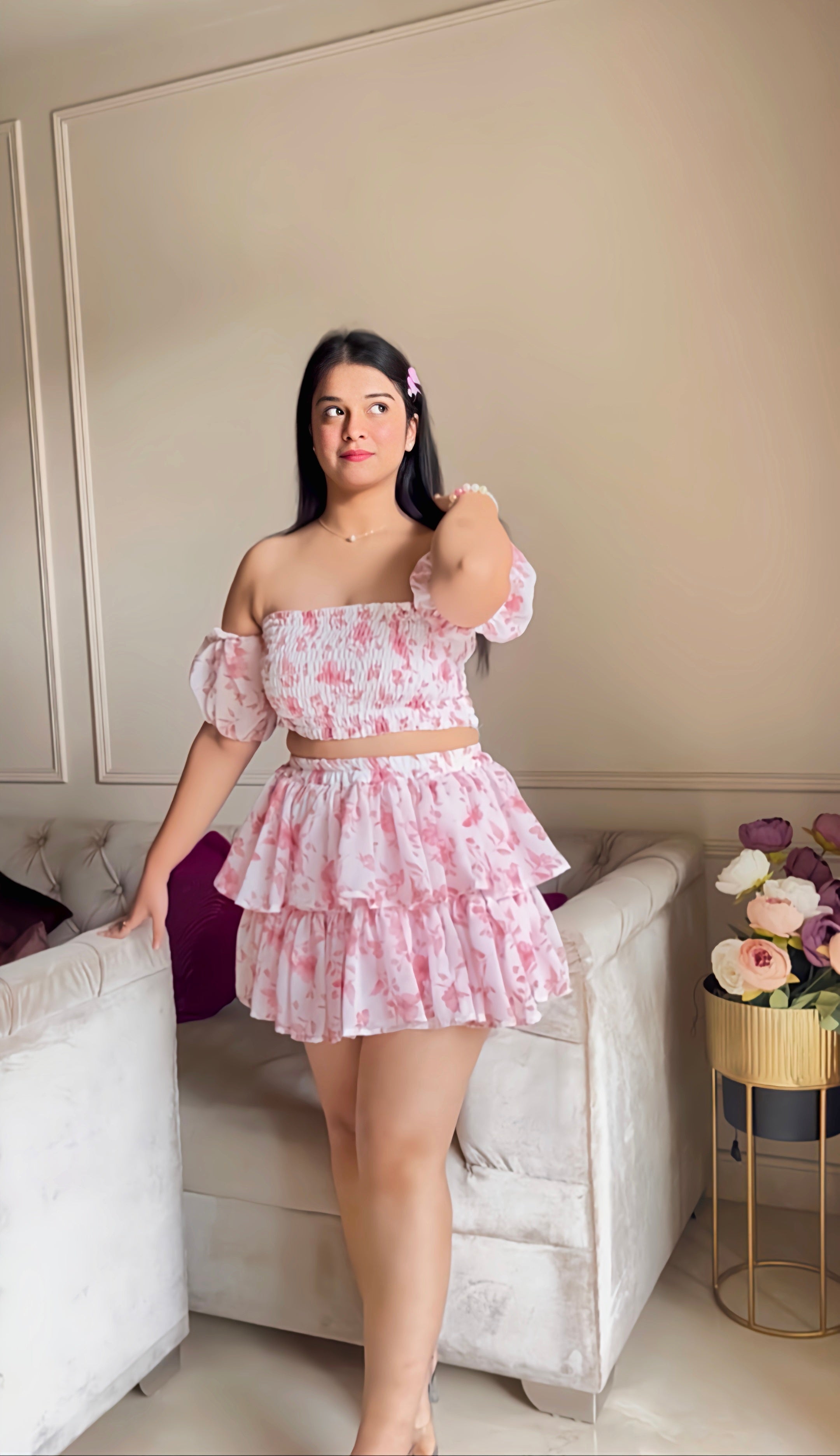 439 Pink Top with Triple Eyelet Skirt and Floral Detail main image 0