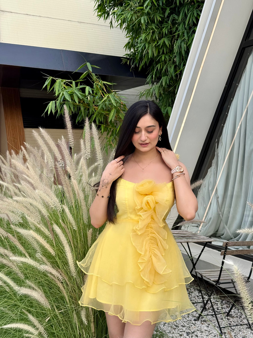 YELLOW ROSY RUFFLES DRESS