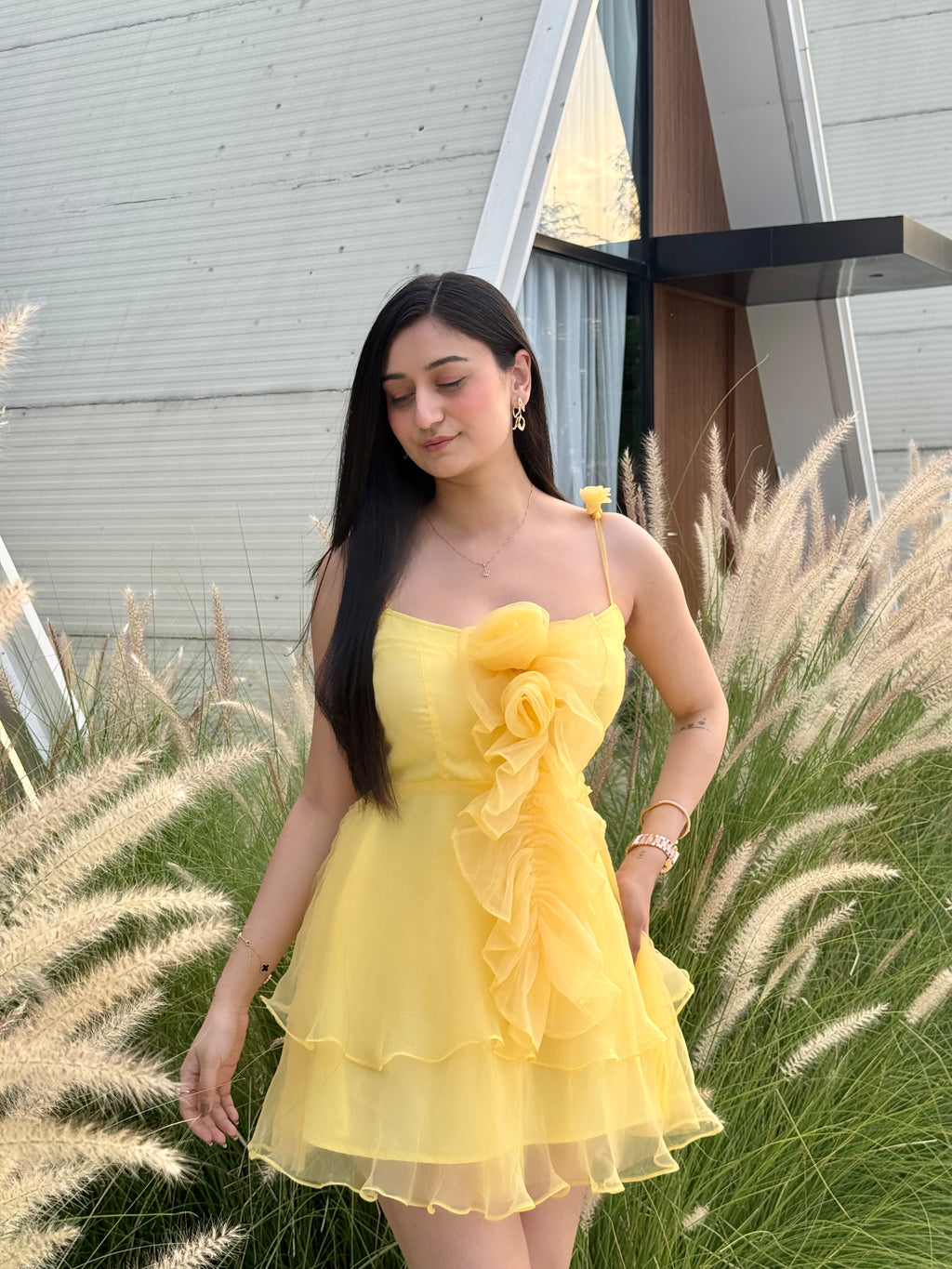YELLOW ROSY RUFFLES DRESS