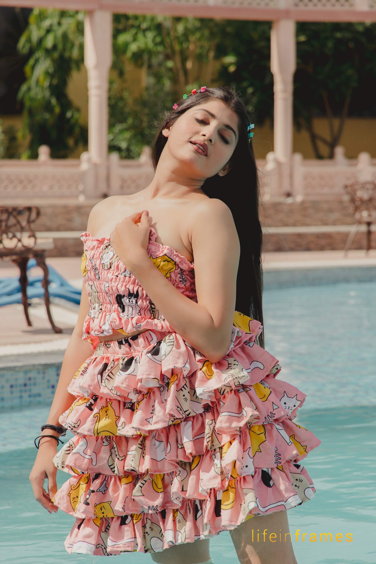 Orange Printed Ruffle Skirt Top Set