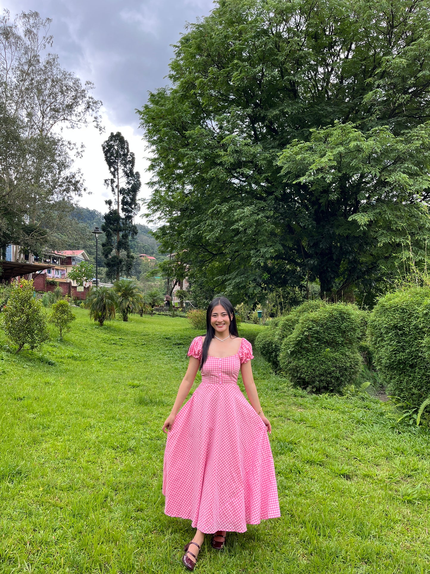 Pink gingham crush dress