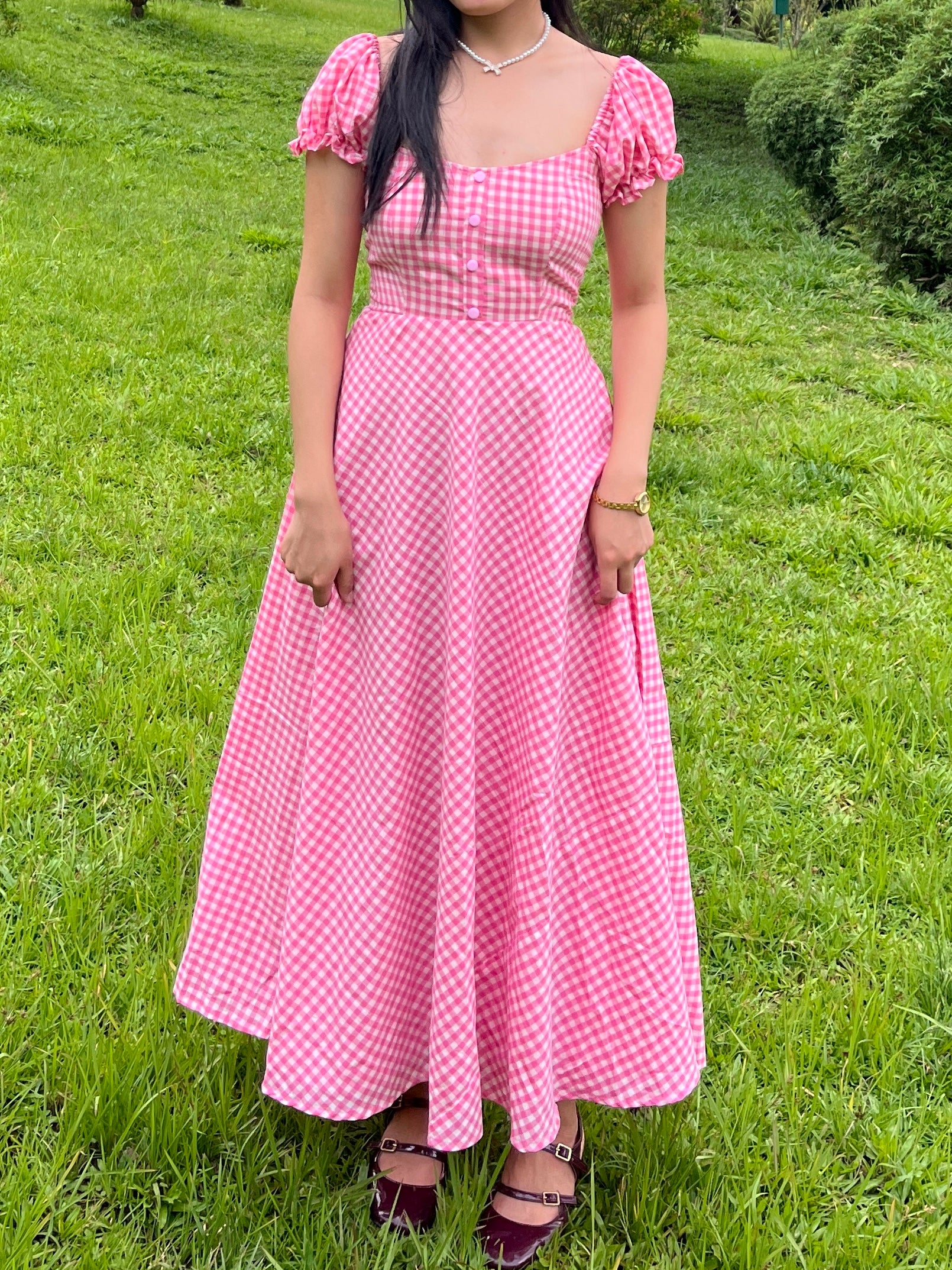 Pink gingham crush dress