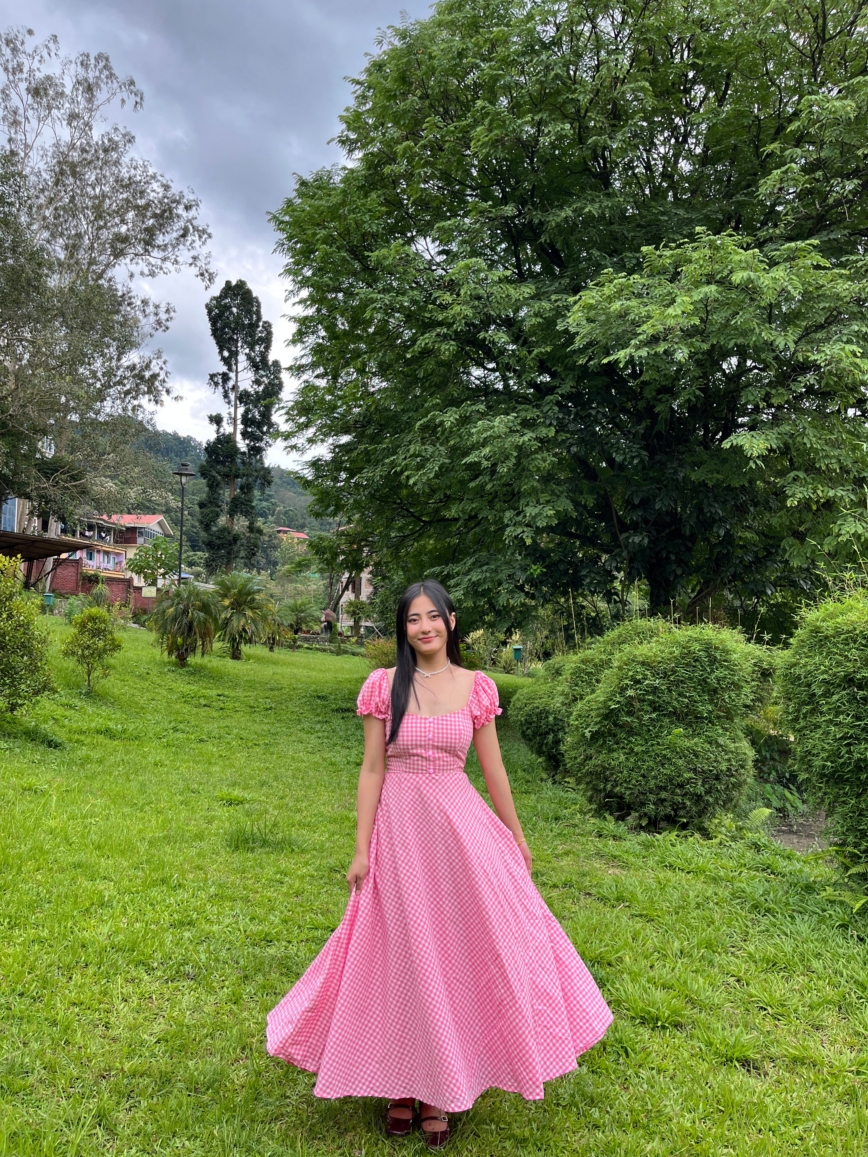 Pink gingham crush dress