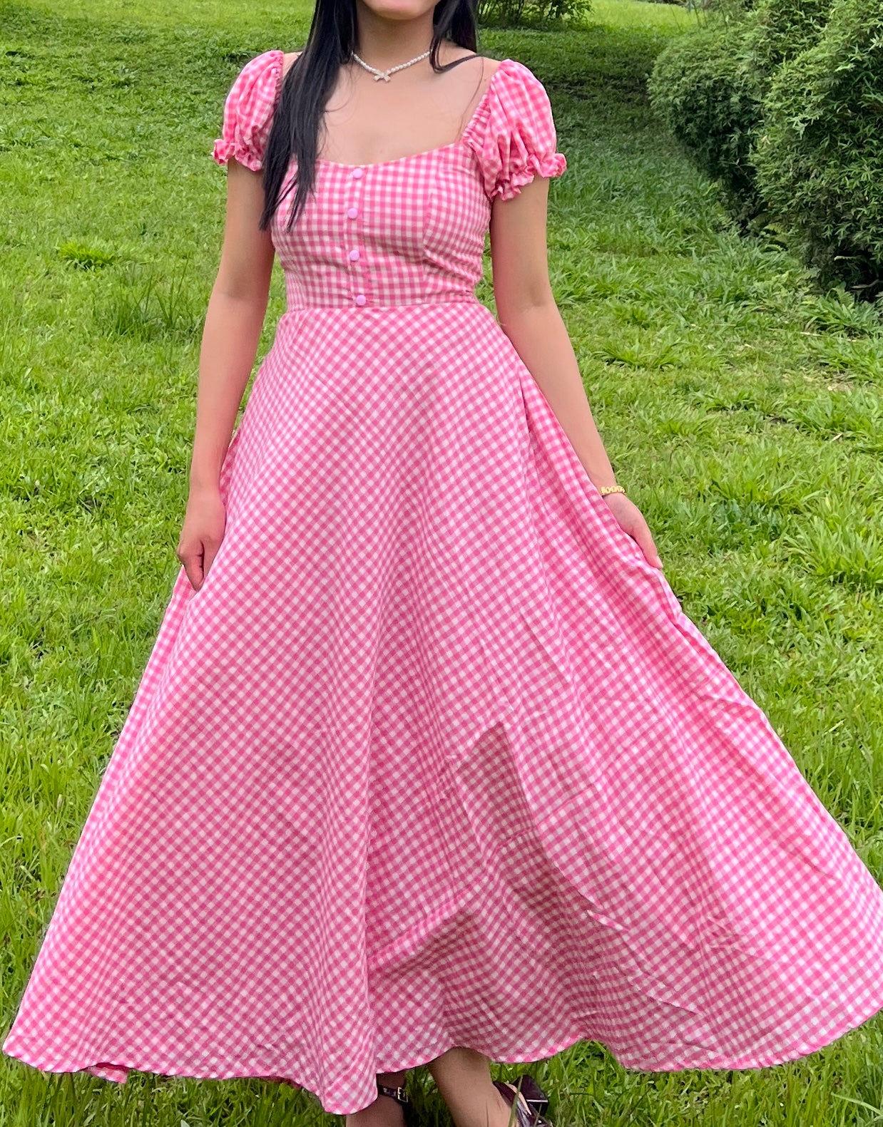 Pink gingham crush dress