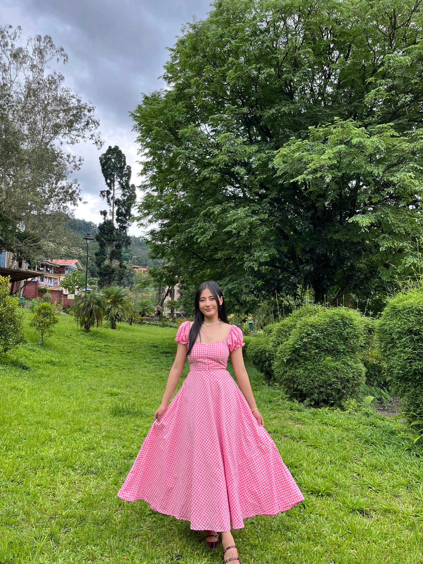 Pink gingham crush dress
