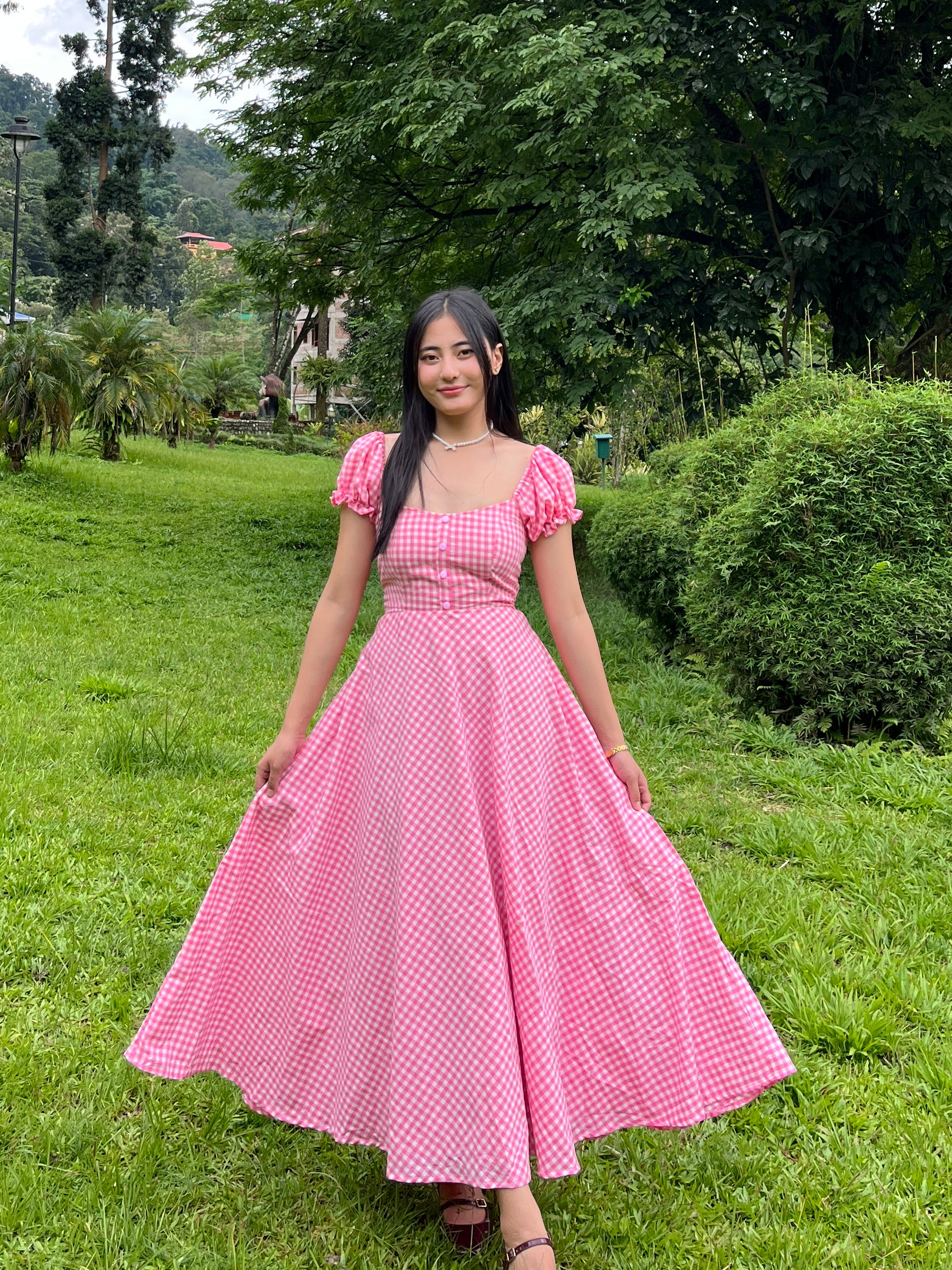 Pink gingham crush dress