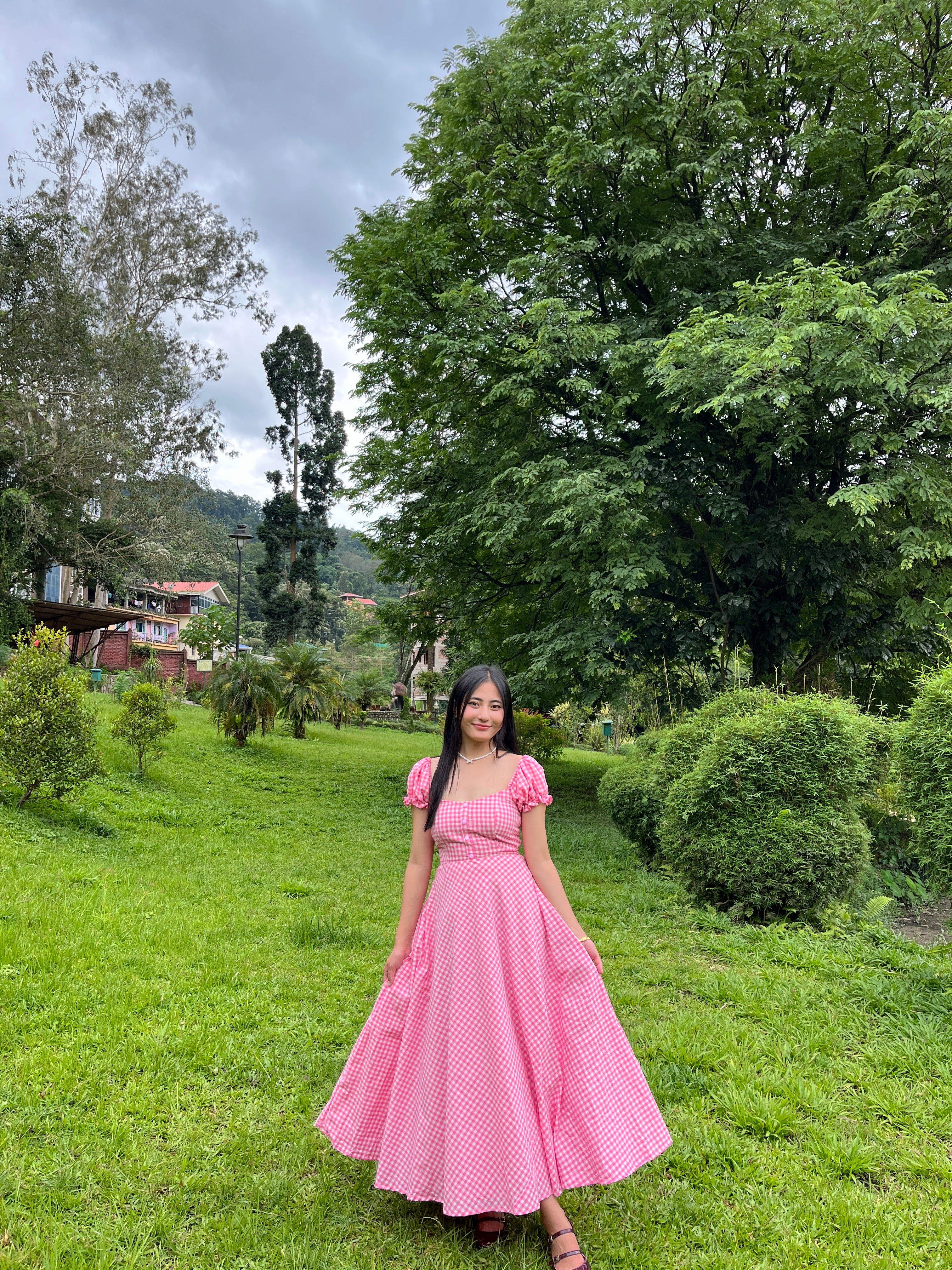 Pink gingham crush dress