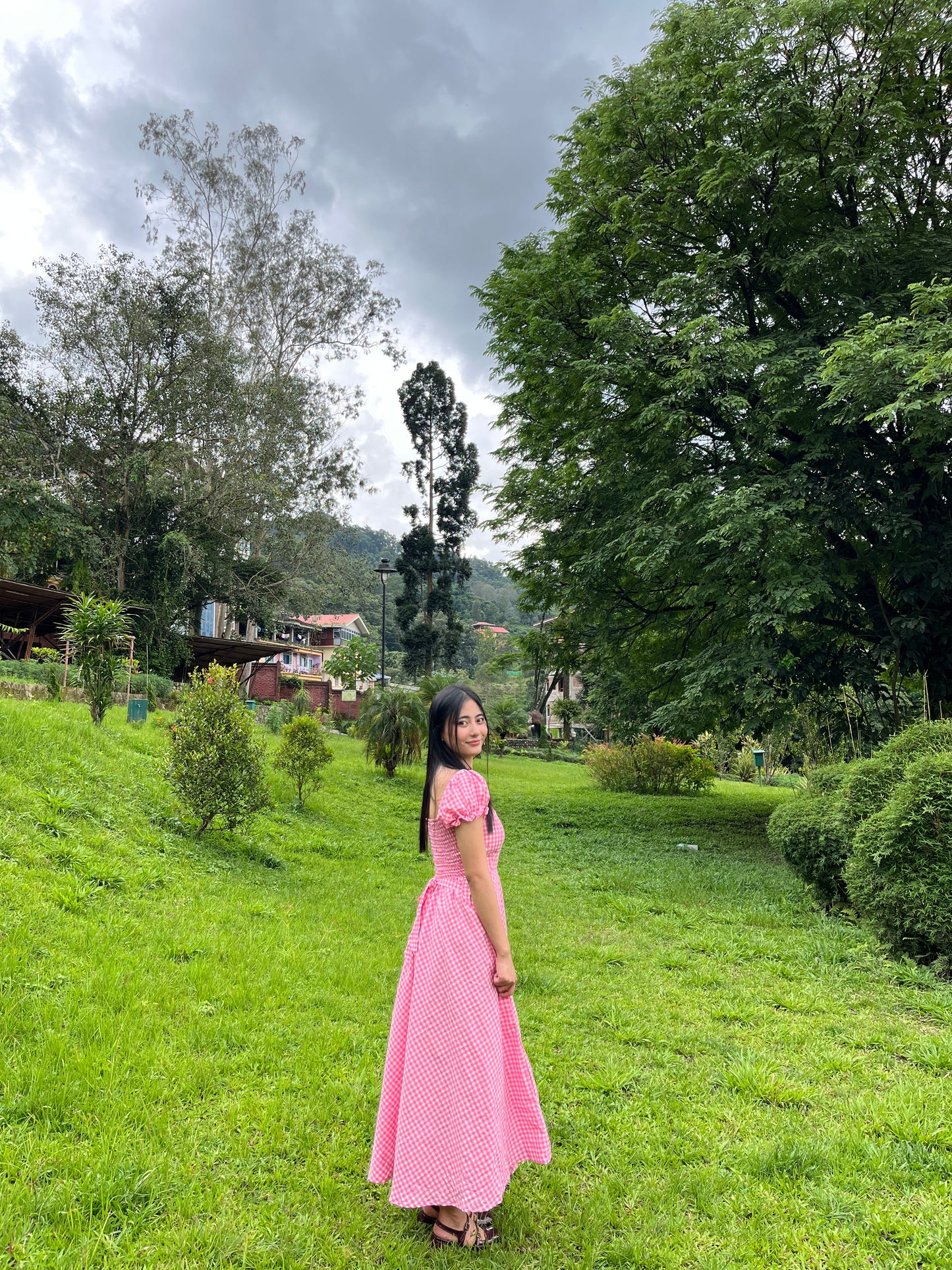 Pink gingham crush dress